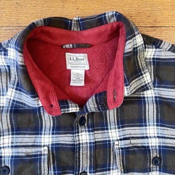 LL Bean Brown Traditional Fit Plaid Flannel Fleece Lined Button Up Jacket Size L - Picture 3 of 11